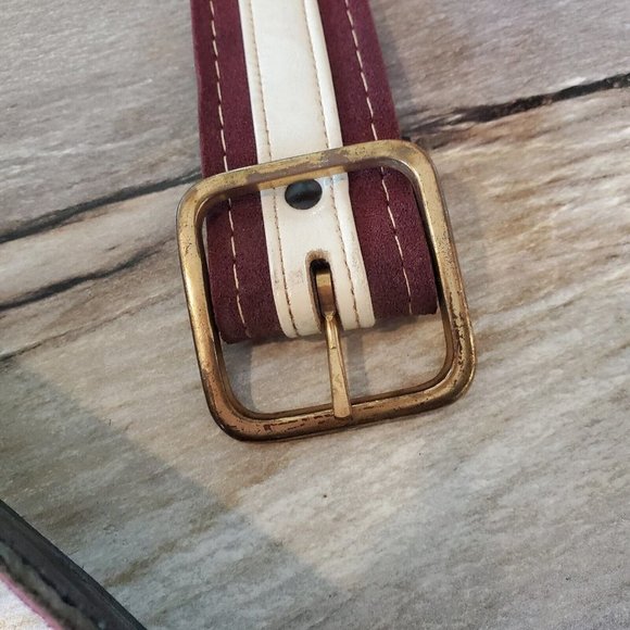 Vintage 70s 80s Vegan Leather‎ Suede Brown Cream Brass Buckle 28-33" Unisex 1.75 - Picture 3 of 8